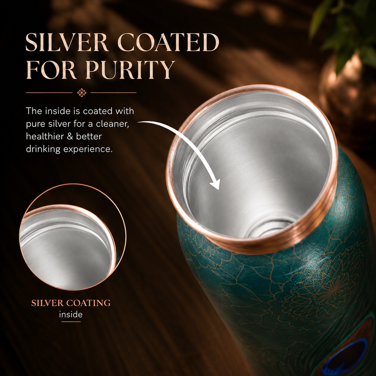 Tamrit Prestige Silver Coated Embossed Peacock Pure Copper Water Bottle 1000ml