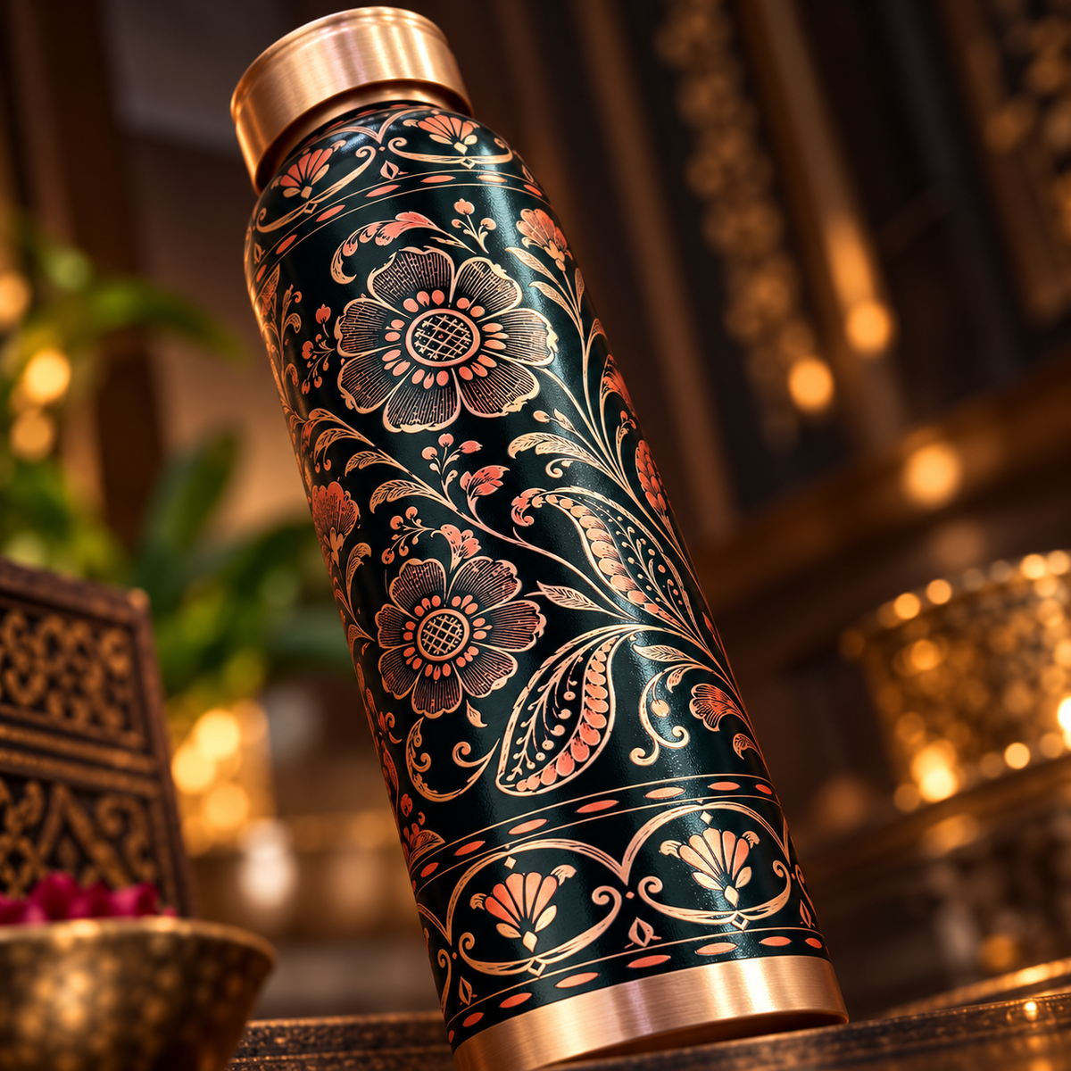 Tamrit CuPro Ornate Floral Copper Bottle | Pure Copper 1 Litre