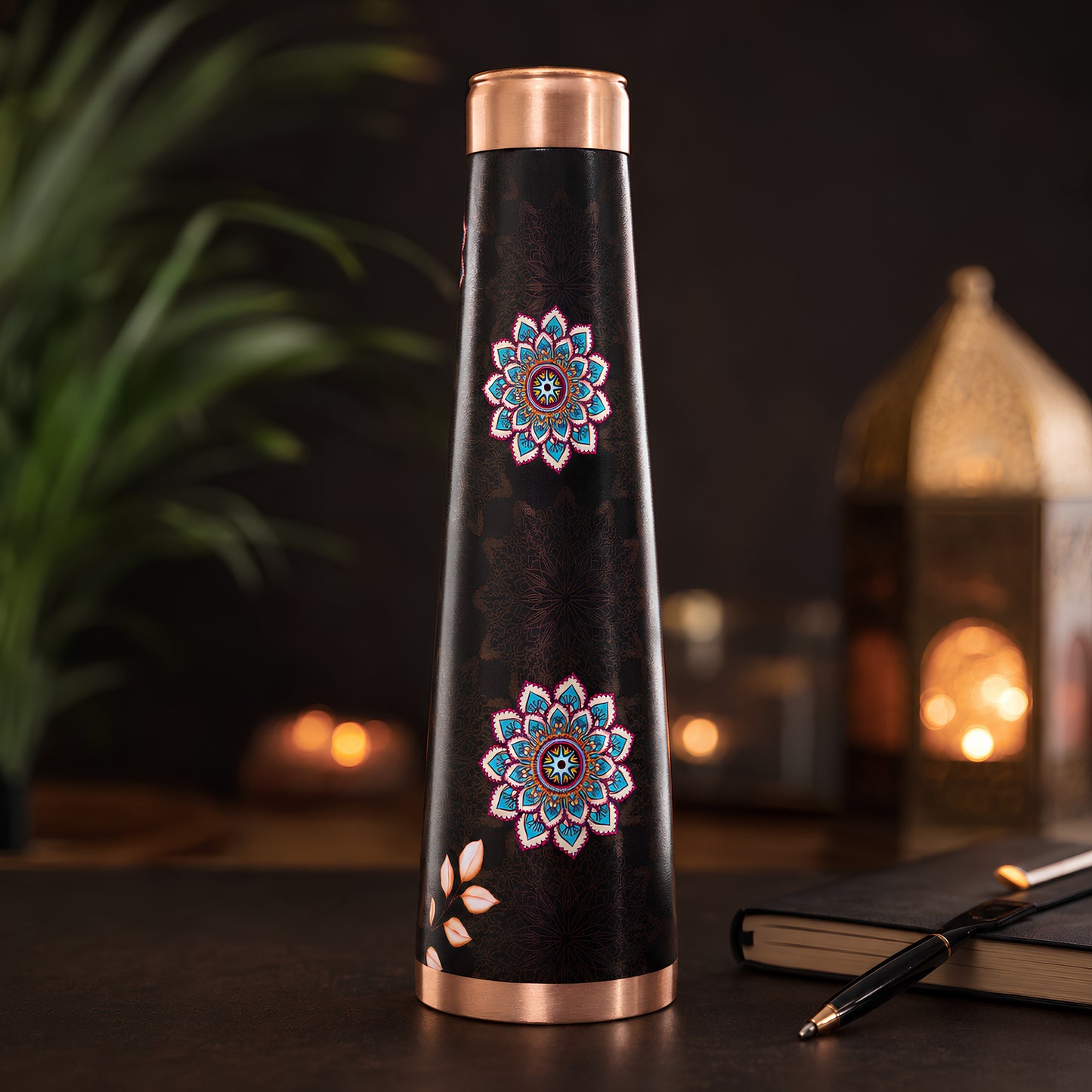 Tamrit CuFit black 1 Litre copper bottle with mandala design