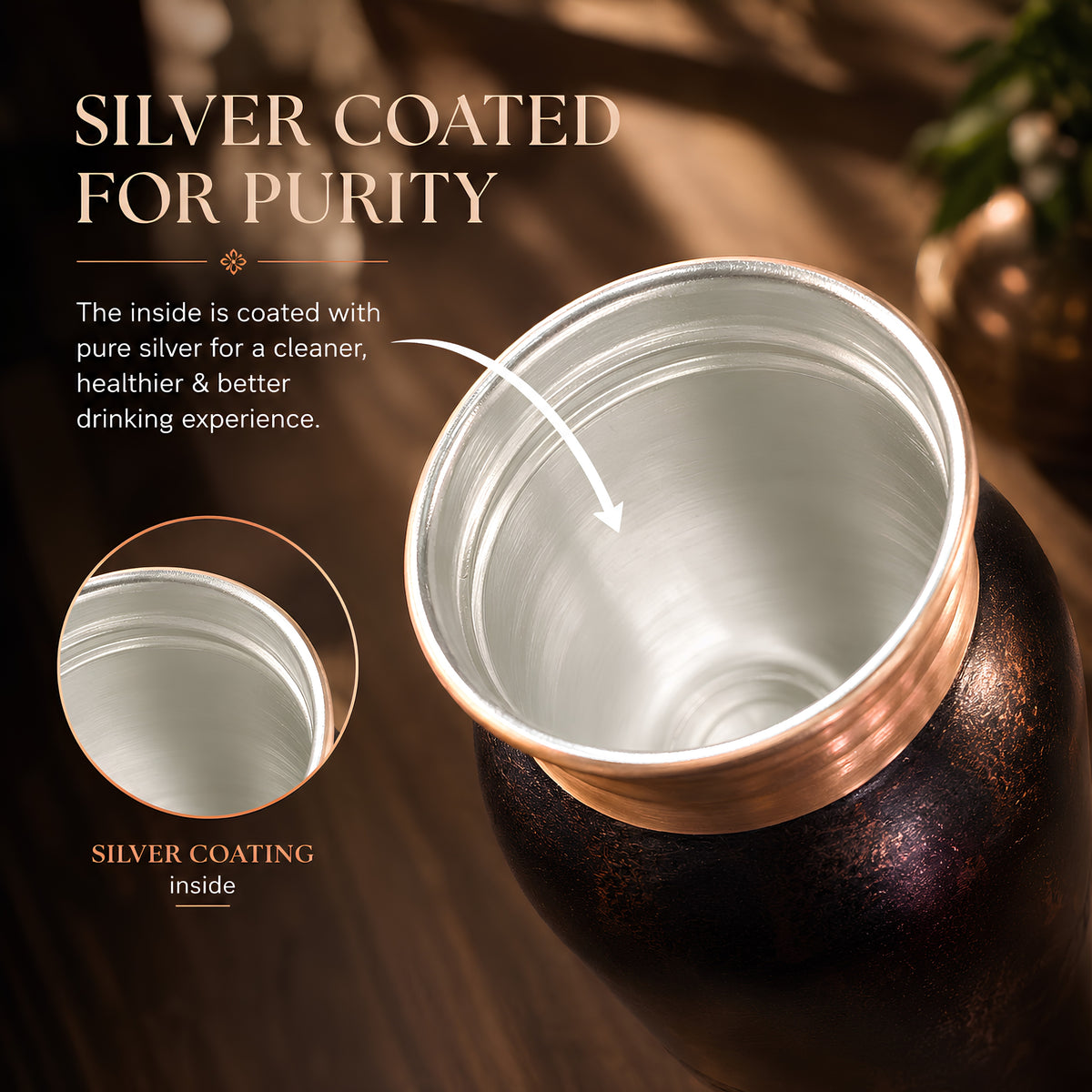 Silver coated interior of 99.9% pure copper water bottle - Tamrit Prestige