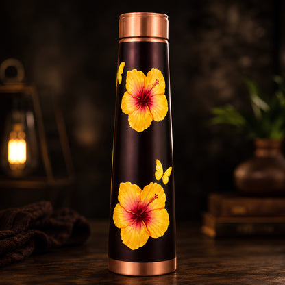 Tamrit CuFit black copper bottle with yellow hibiscus flower design