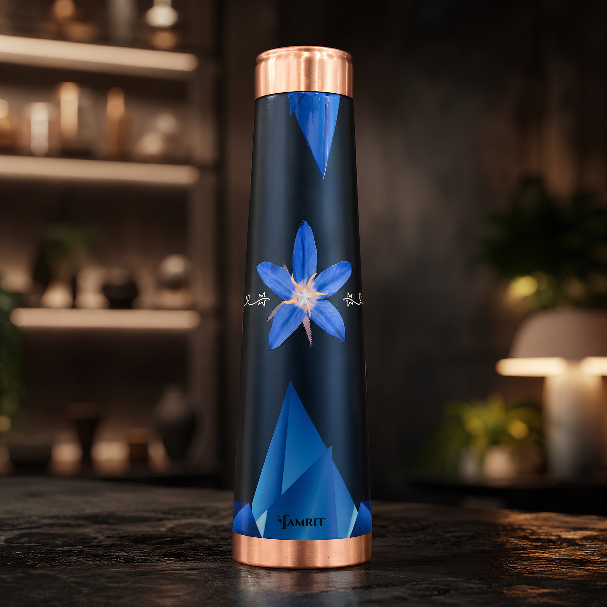 Tamrit CuFit deep blue 1 Litre copper bottle with star flower design