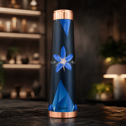 Tamrit CuFit deep blue 1 Litre copper bottle with star flower design