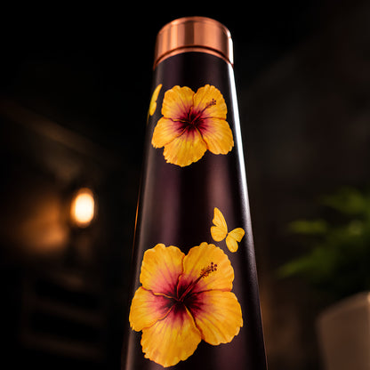 Tamrit CuFit copper bottle standing view, floral hibiscus print