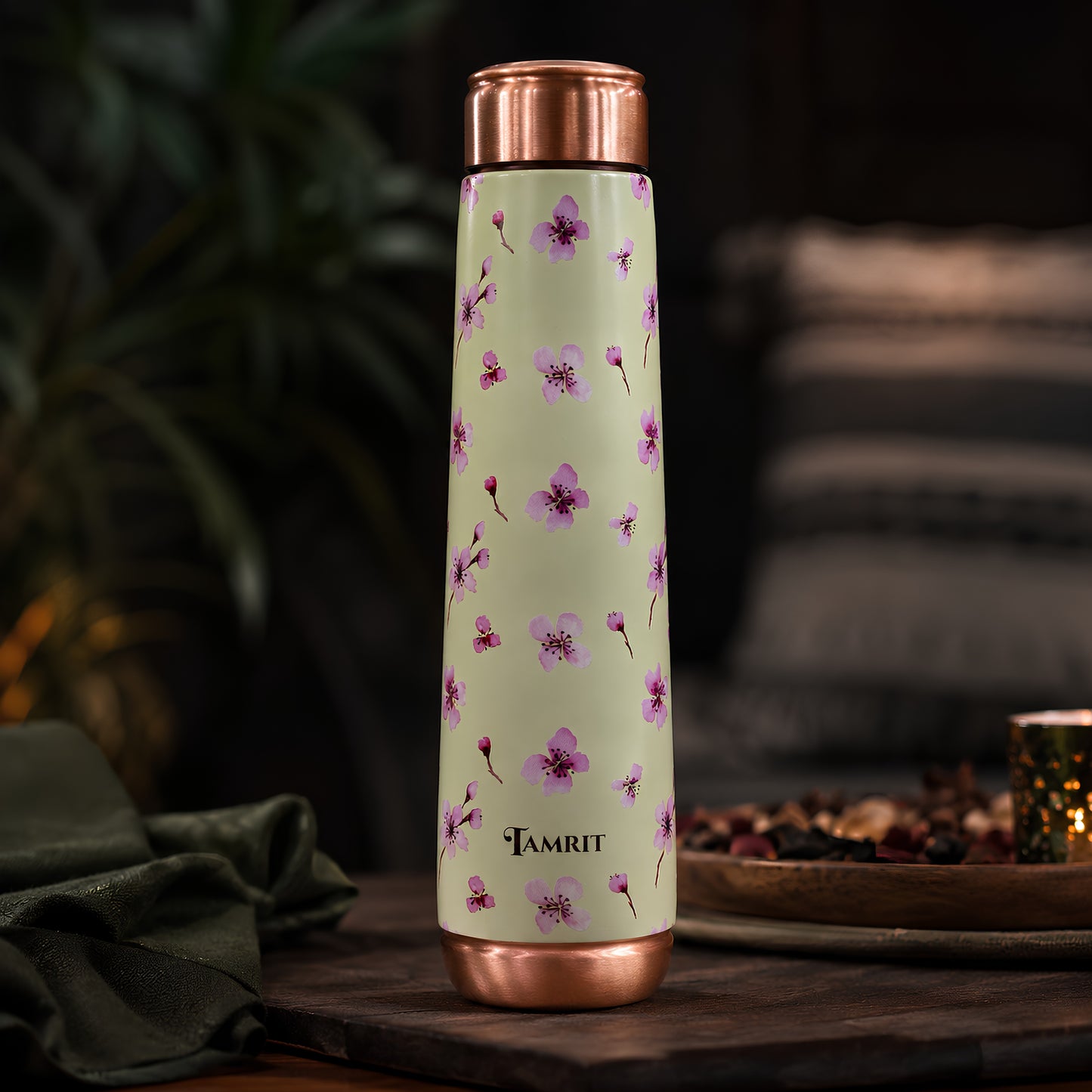 Tamrit Curo white 1 Litre copper bottle with purple floral design