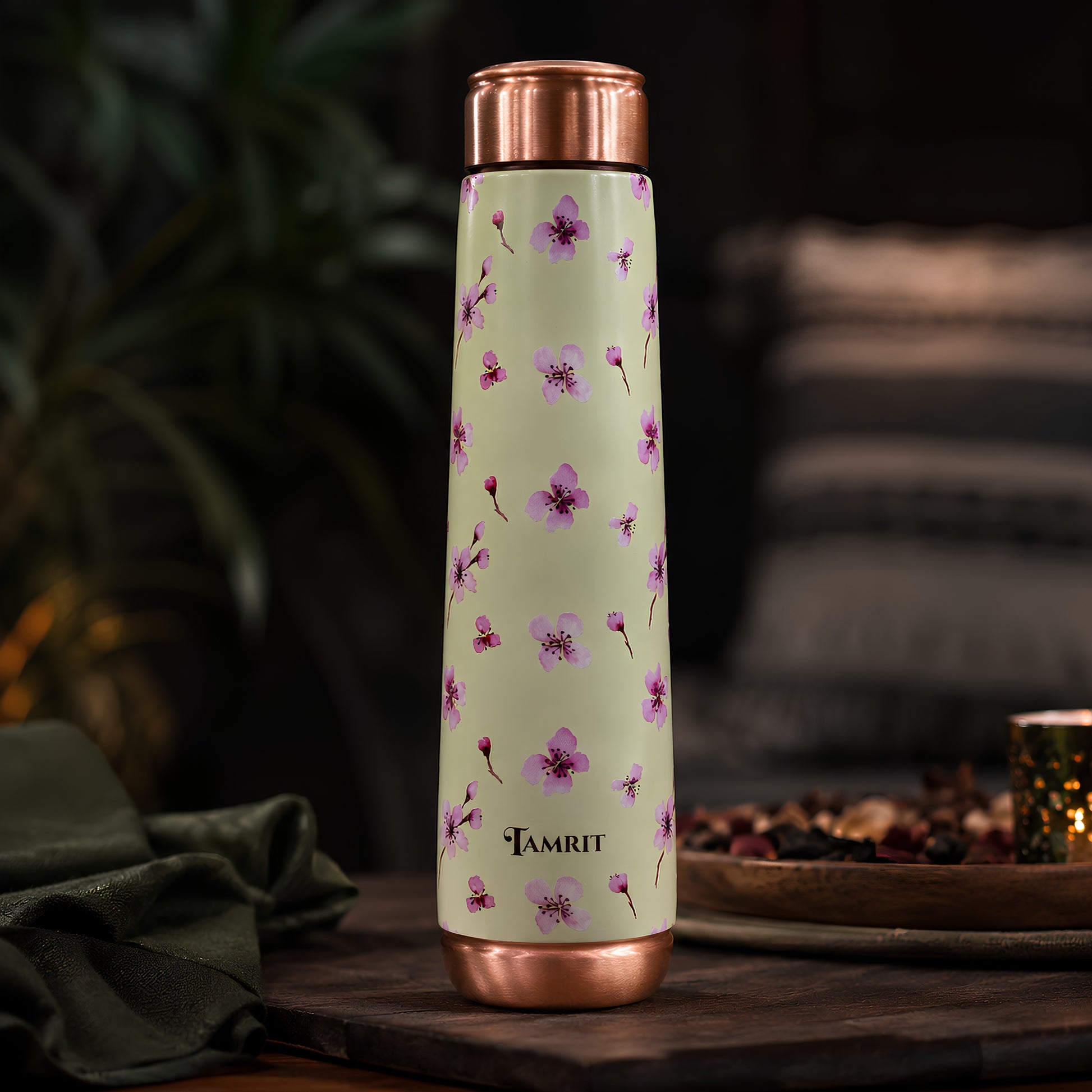 Tamrit Curo white 1 Litre copper bottle with purple floral design