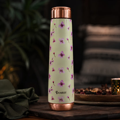 Tamrit Curo white 1 Litre copper bottle with purple floral design