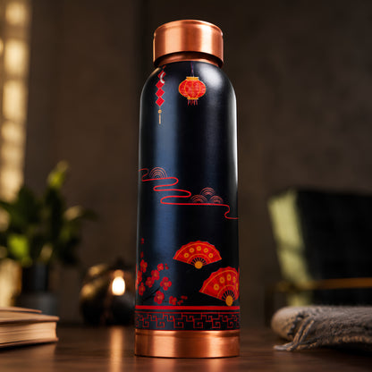 Tamrit CuPro black 1 Litre copper bottle with red fan design