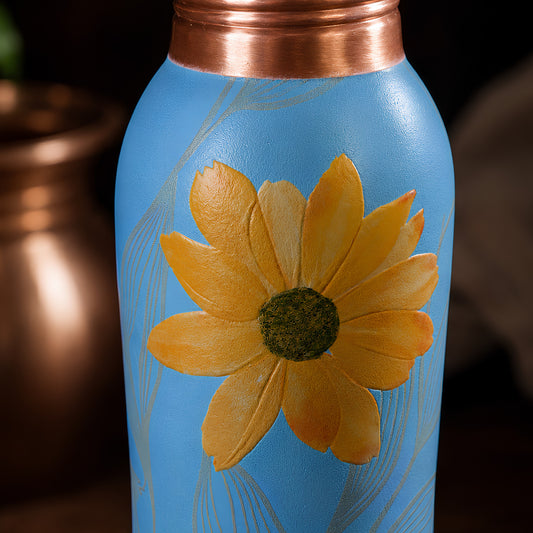 Sunflower UV embossed design closeup on Tamrit sky blue copper bottle