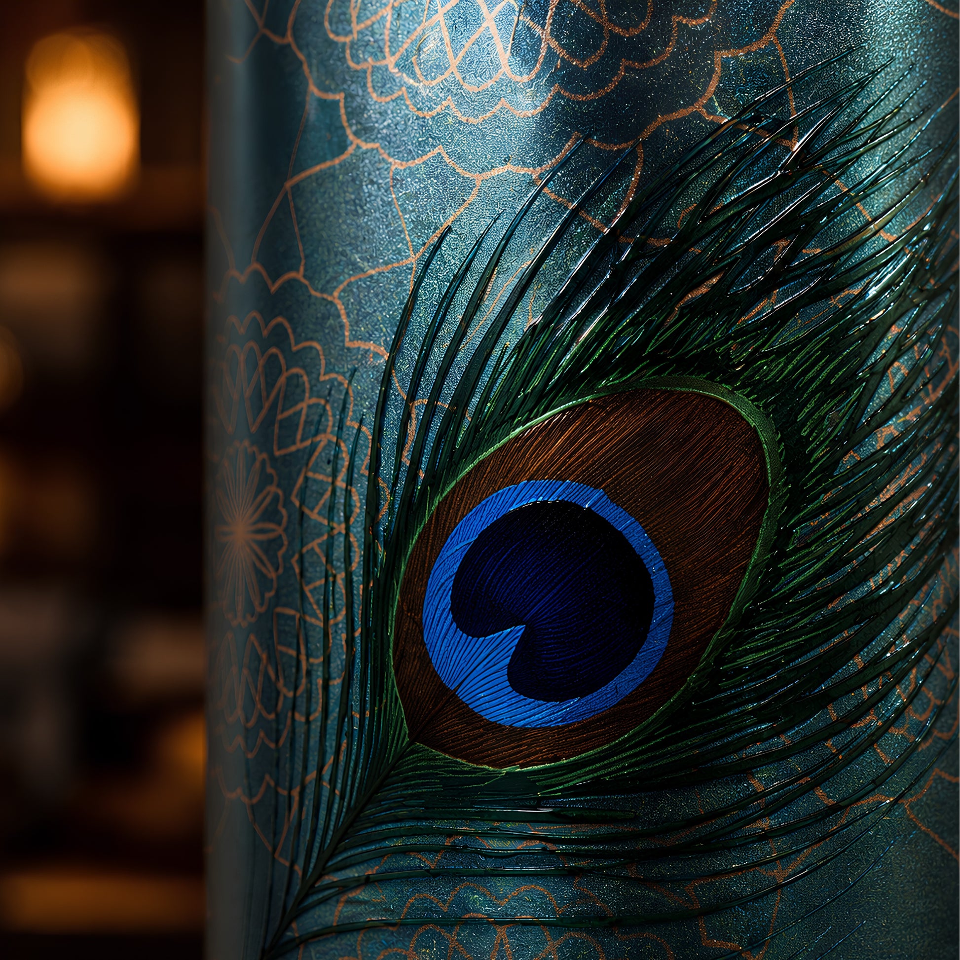 Peacock feather UV embossed design closeup on Tamrit copper bottle