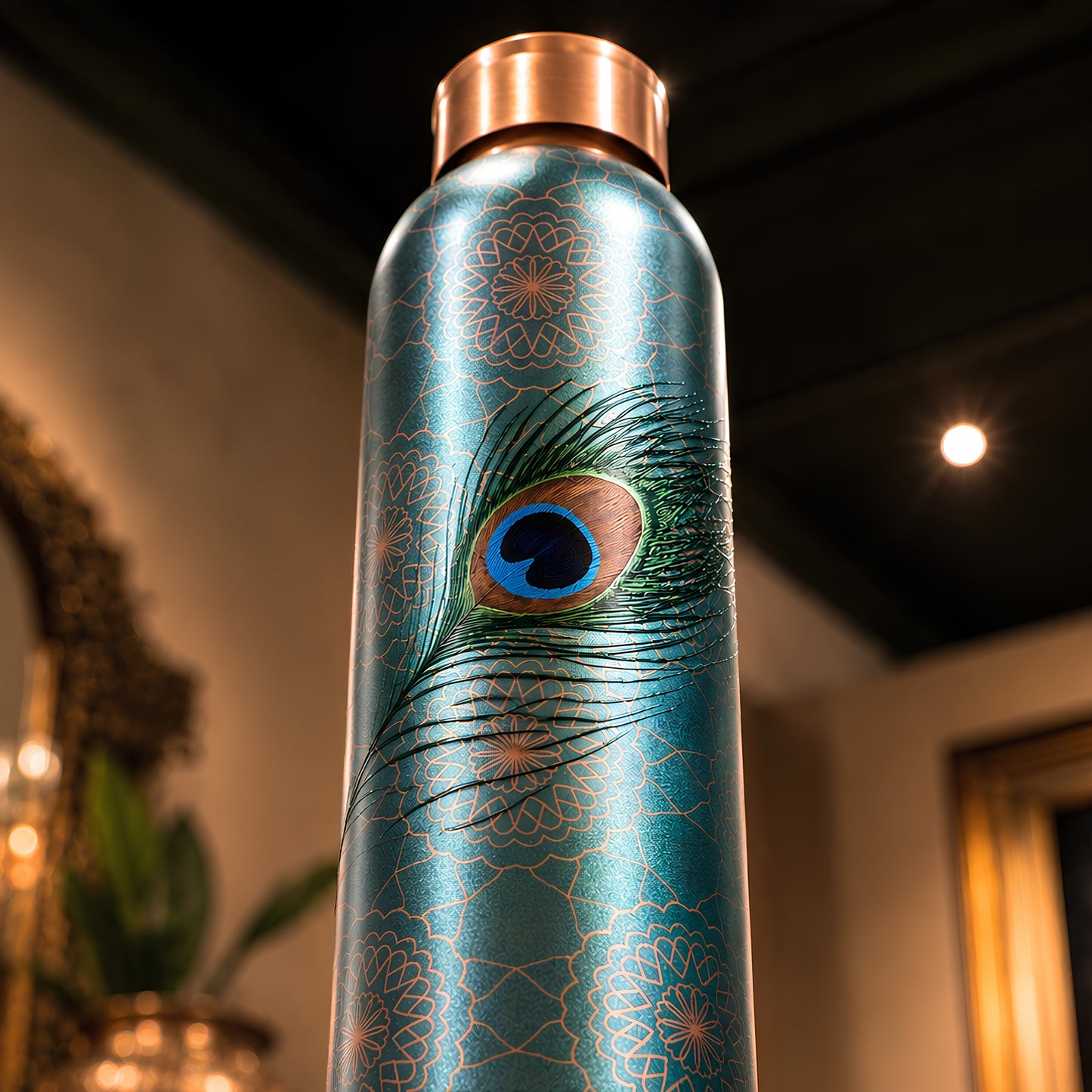 Tamrit CuPro copper bottle standing view, teal peacock print