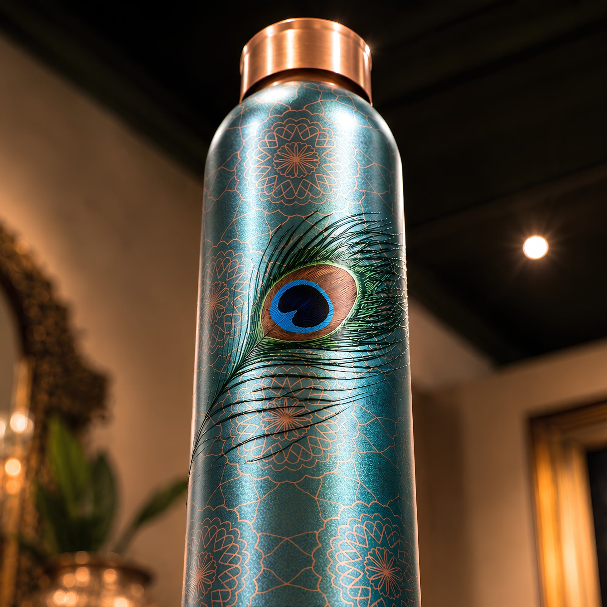 Tamrit CuPro copper bottle standing view, teal peacock print