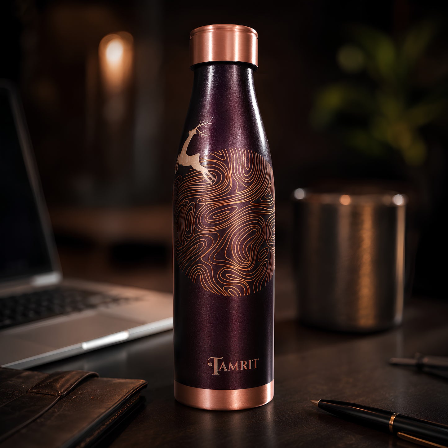 Tamrit pure copper water bottle 1L embossed design - Ayurvedic Tamra Jal drinkware