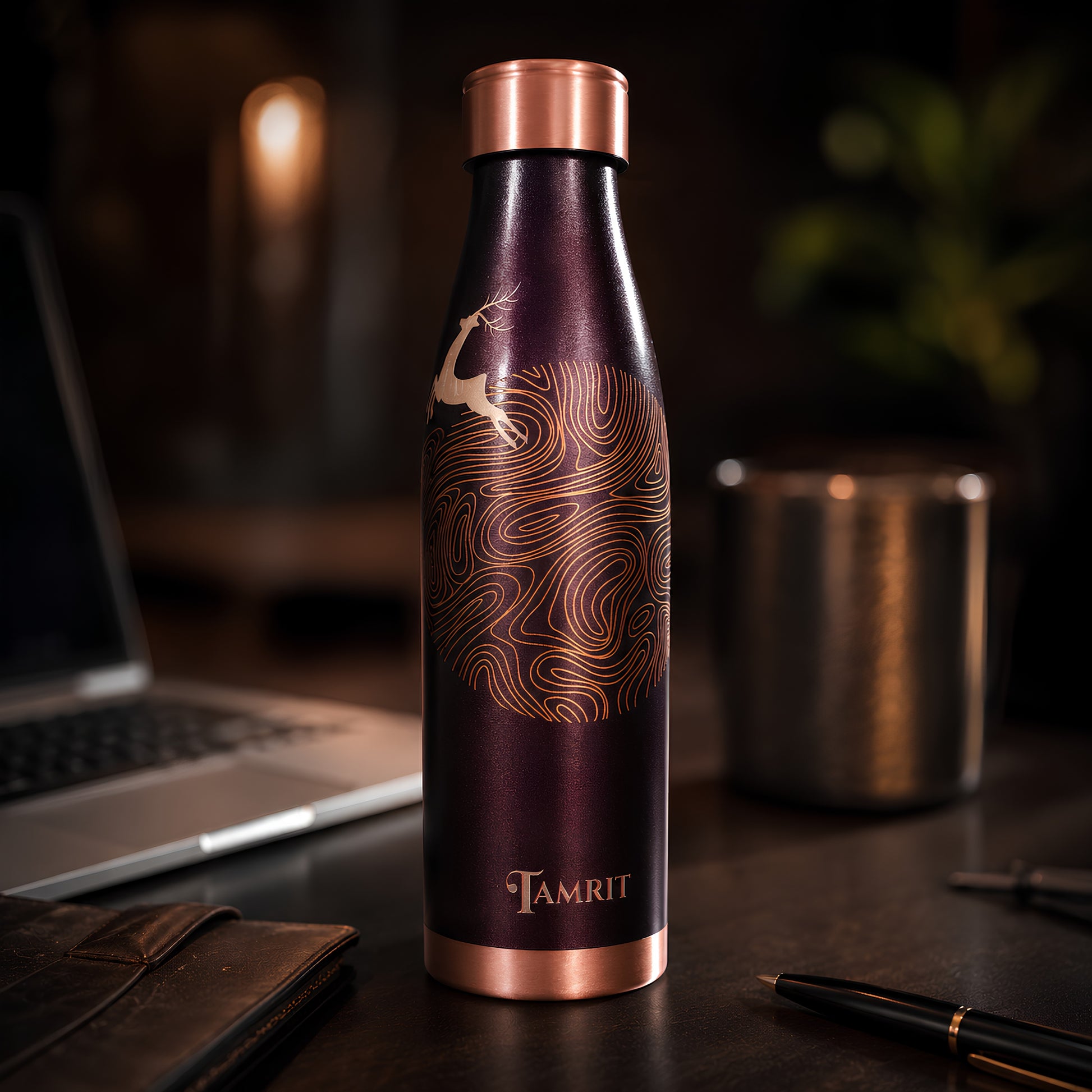 Tamrit pure copper water bottle 1L embossed design - Ayurvedic Tamra Jal drinkware